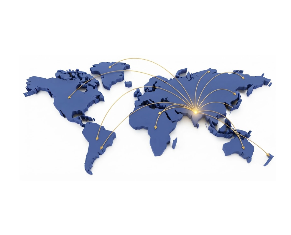 India at the center, with routes reaching markets around the world
